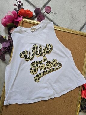 💪 2/$15 Women's White Athletic Crop Tank with Leopard Script "Wild & Free"